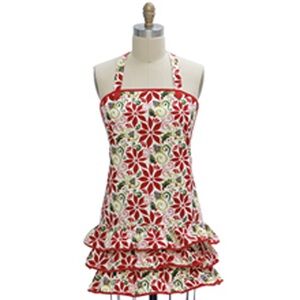 NWT H1012 women’s apron girlie frilly poinsettia Christmas white green red